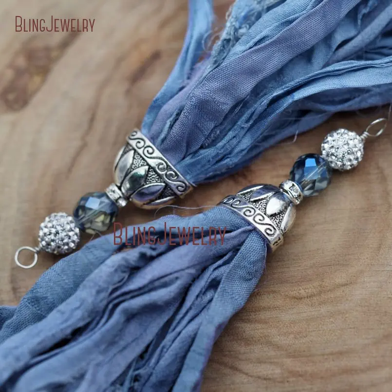 Cerulean Sari Silk Tassel Pendant  with Antique Cap and Aura Blue Crystal  Rhinestone Accent PM9045