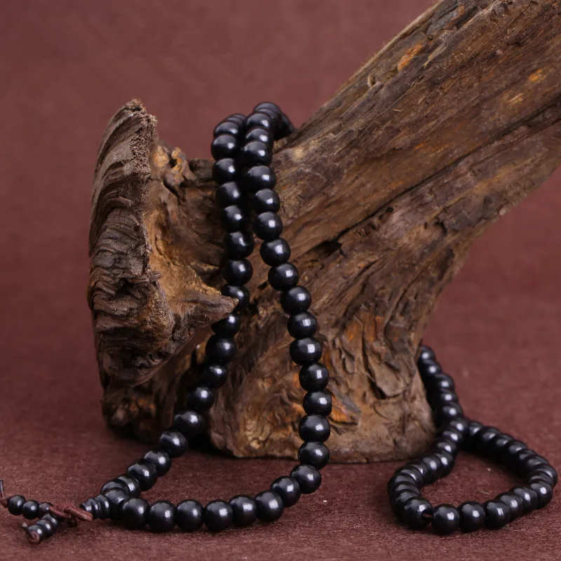 108*0.8/0.6cm Black Wooden Prayer Beads Bracelet Men Mala Buddha Natural Ebony Wood Buddhist Rosary Bangle Jewelry