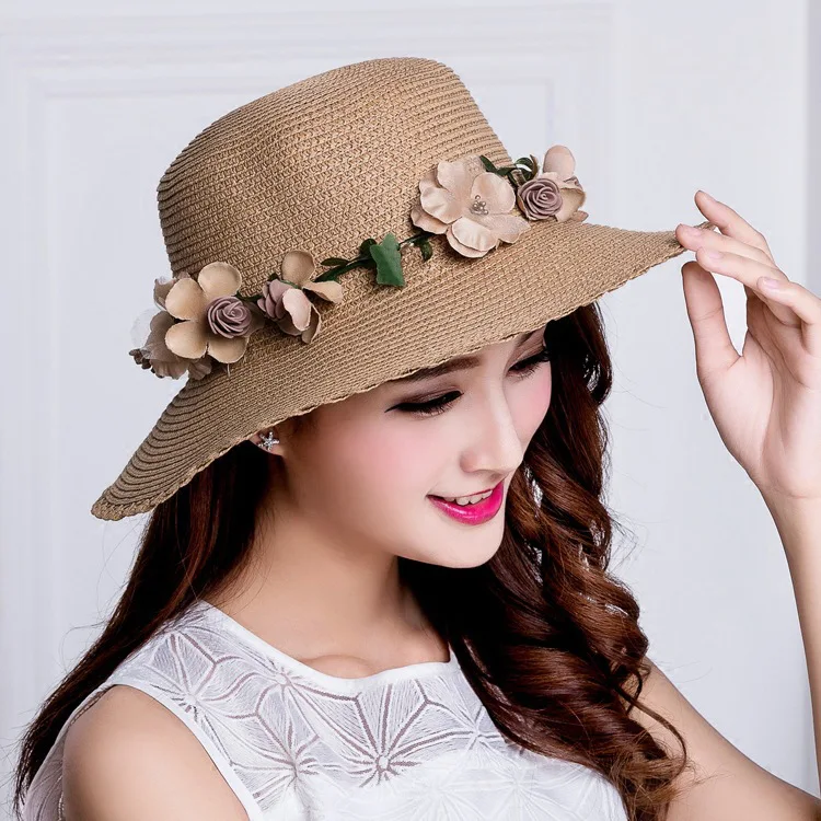 

New Korean Hat Sun Shading Spring Summer Anti-ultraviolet Sun Hats Lady Wide Brim Visor Garland Cool Beach Cap Wholesale H030