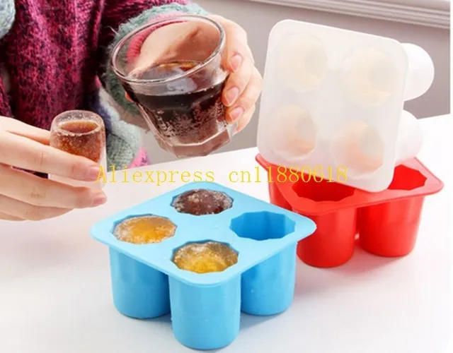 100pcs/lot Free Shipping 4 Cups Glass Shape Silicone Ice Cube Maker Freeze Mould Drink Party Ice Tray tool