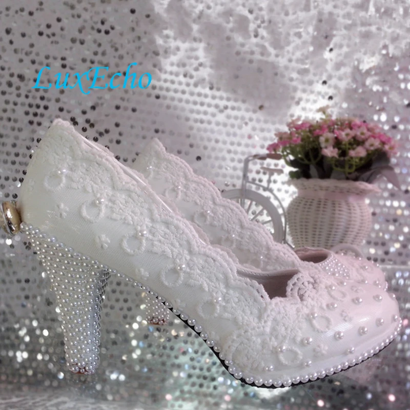 Lace flower wedding shoes woman high-heeled platform shoe white pearl crystal bow bridal shoes bridesmaid shoes women\'s Pumps