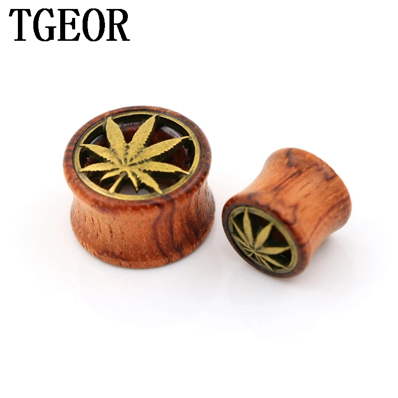 new arrive 1pair gauges original wood hole double flare with surface inlay bronze leaf ear tunnel free shipping