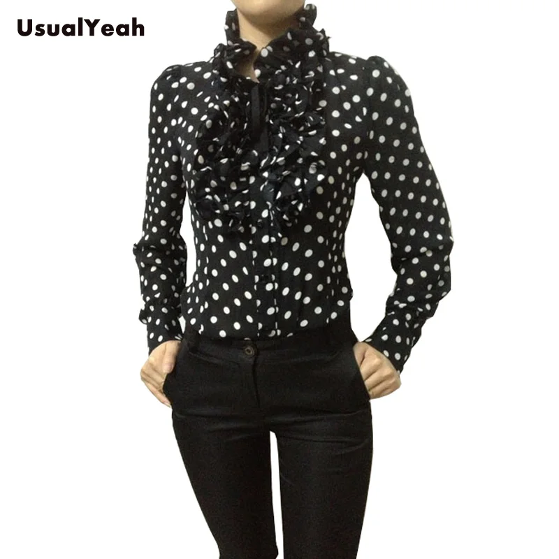 Nieuwe Hot Fashion Korea Stijl Vintage Chiffon Stippen Vrouwen Lichaam Blouse Tops Shirt Stand Kraag Ruches S M L Xl SY0185