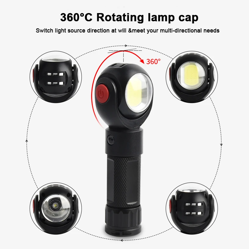 New 360 Rotation LED Flashlight 3800 Lumens  T6 COB Working Lamp Waterproof Magnetic Tail Torch Light for Repairing Hunting