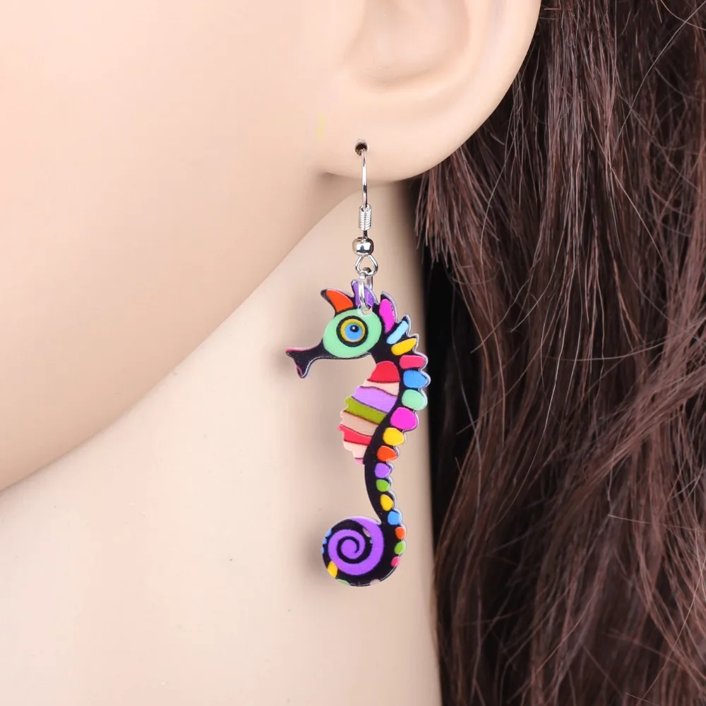 Bonsny  Acrylic Drop Dangle Long Hippocampus Seahorse Earrings New Fashion Ocean Collection Animal Jewelry For Women Accessories