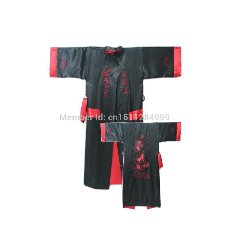 Green Black Chinese Men Reversible Silk Robe Embroidery Kimono Bathrobe Gown Two-side Nightwear With Dragon One Size