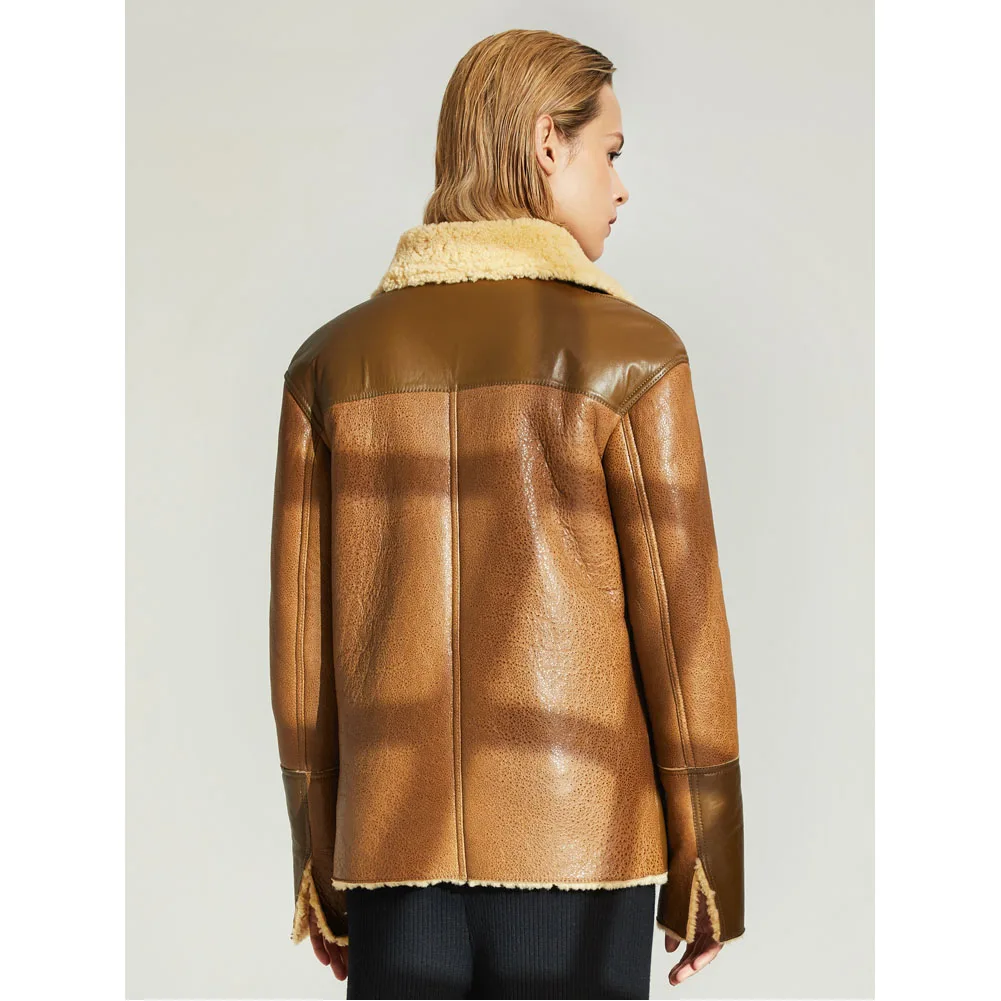 Denny&Dora Jaqueta feminina de inverno com gola aberta curta bomber marrom shearling