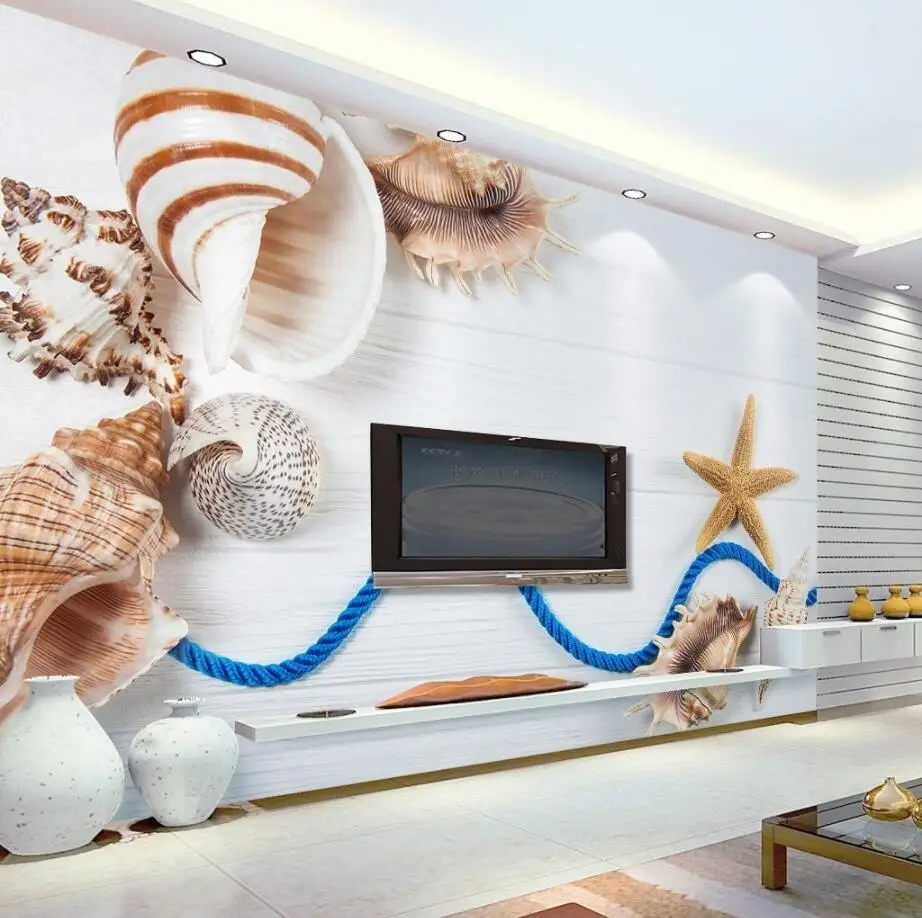 

beibehang Custom Wallpaper Home Decorative Mural 3d Fresh Shell Conch Starry White Wooden TV Wall Background mural 3d wallpaper