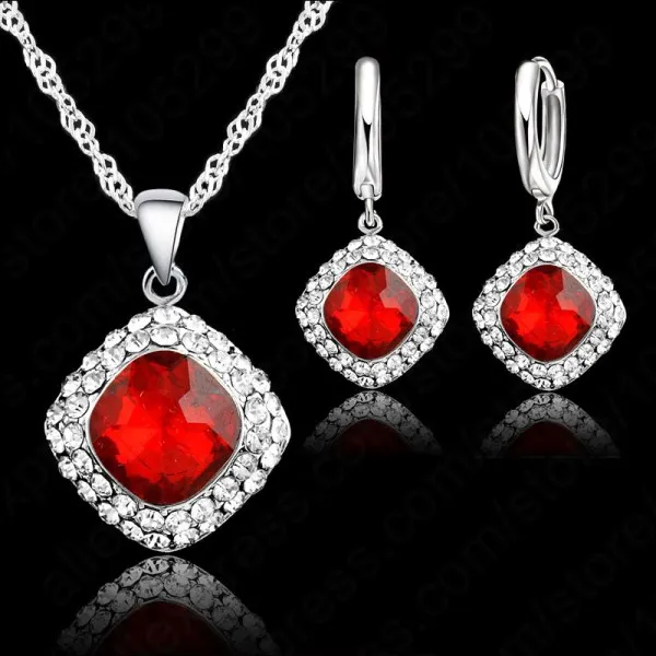 High Quality 925 Sterling Silver Needle Jewelry Set Short Chain Charm Square Pendant Necklace Earring Crystal for Women image 3