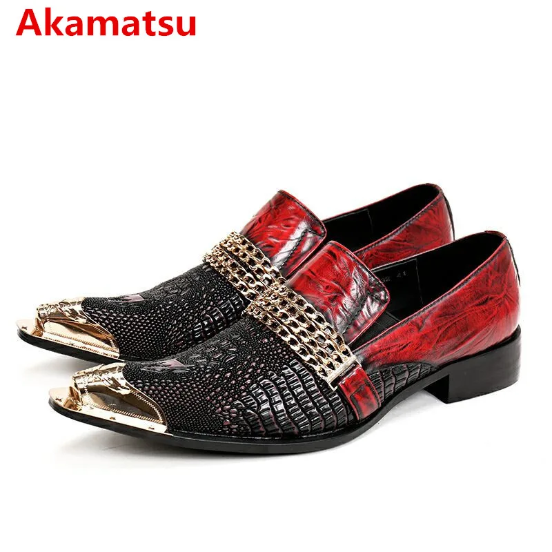 

Akamatsu red black mens italian leather shoes wedding dress oxford shoes for men metallic chains zapatos hombre vestir size47