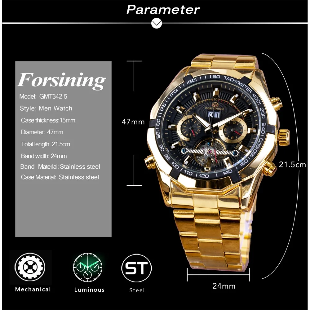 Forsining Golden Stainless Steel Mens Choose Calendar Display Tourbillion Design Business Watch Top Brand Luxury Automatic Watch