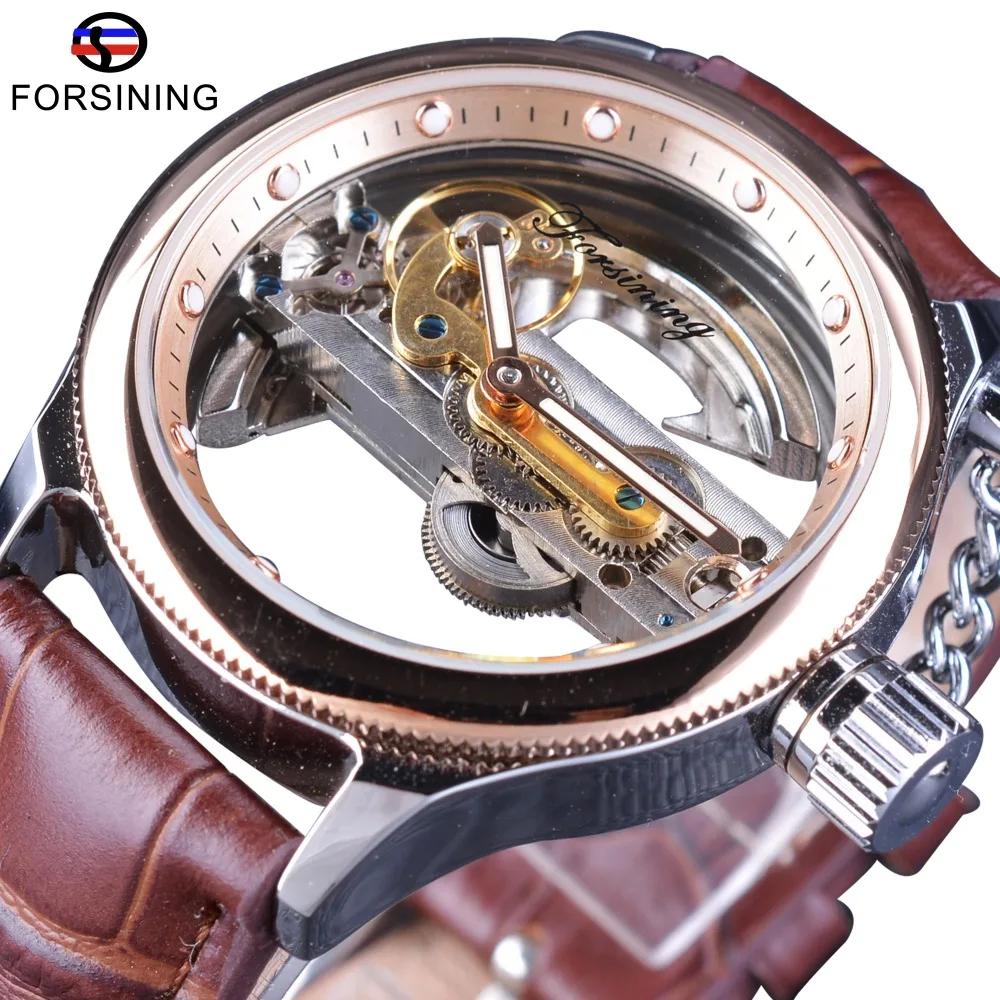 Forsining Rose Golden Bezel Bruin Lederen Riem Volledige Transparante Case Mannen Automatic Skeleton Horloge Topmerk Luxe Klok