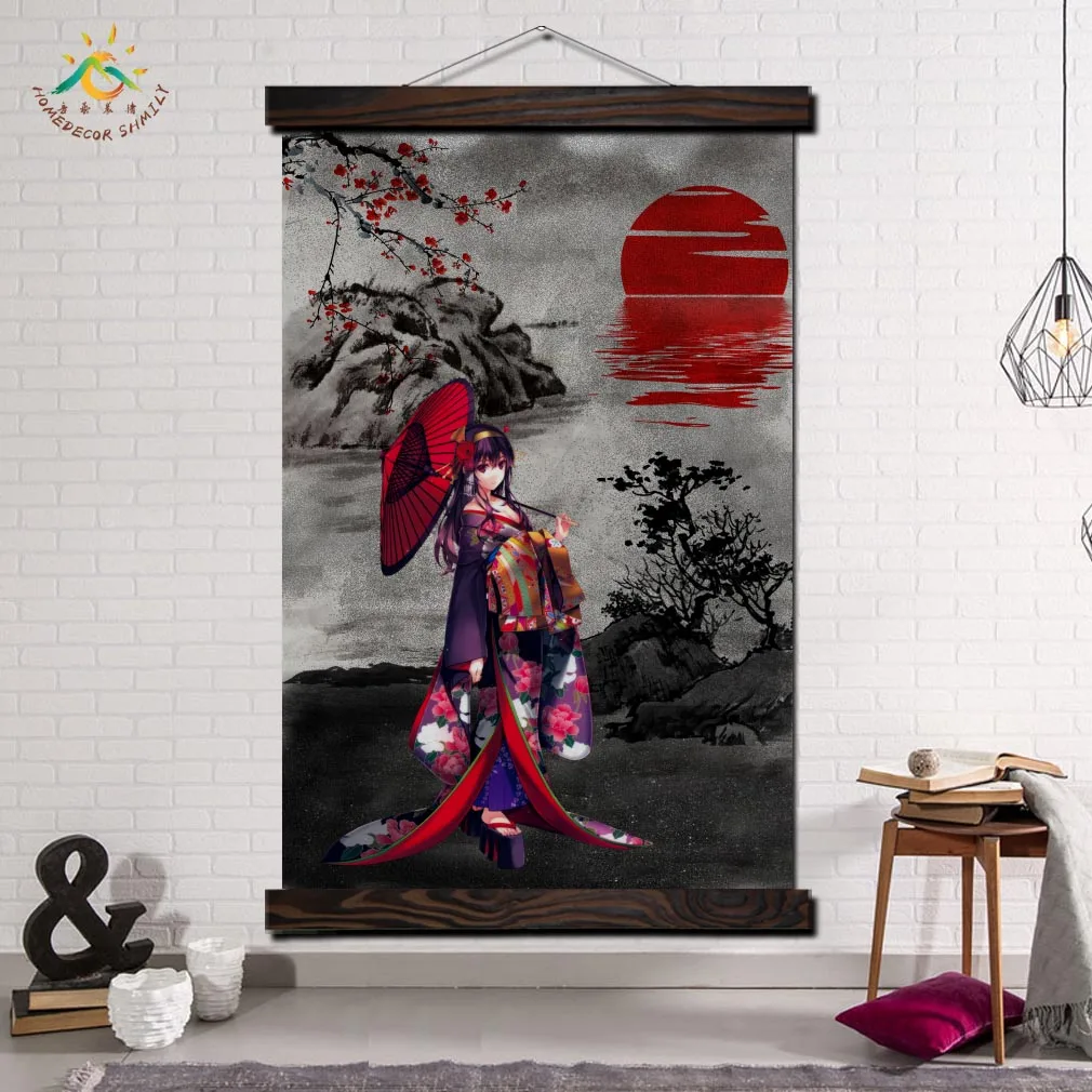 

Red Japanese Kimono Girl Modern Wall Art osters and Prints Scroll Canvas Painting Decorative Pictures for Living Room