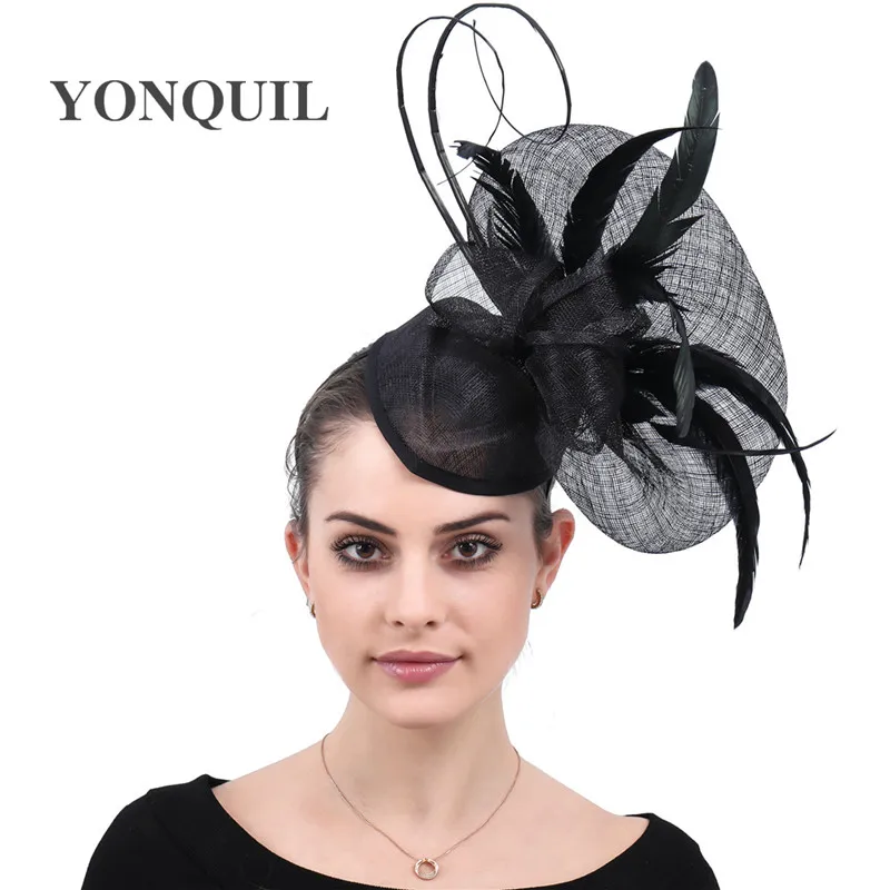 Vintage Black Kentucky Derby Fascinator Hat For Women Flower Sinamay Lady Hat Wedding Party Cocktail Headwear Feather Headbands