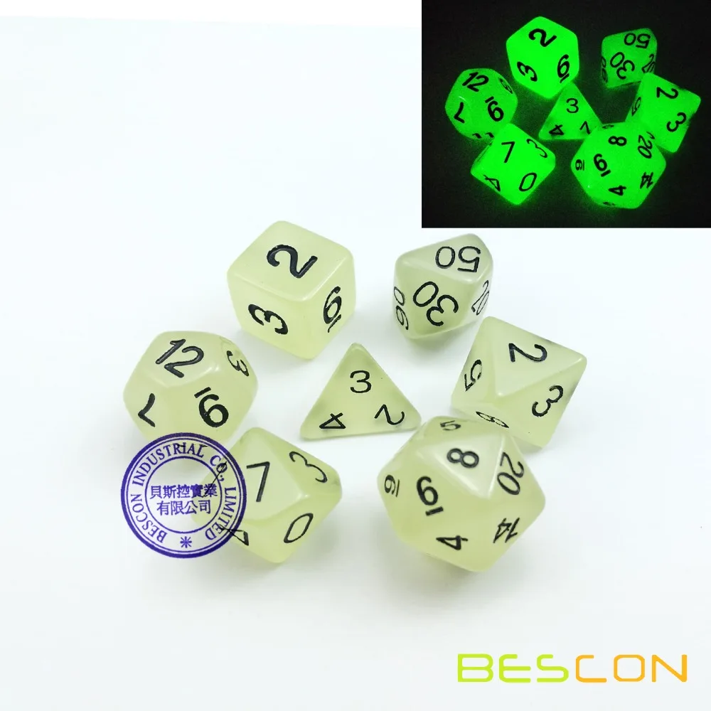 Set of 7 Glow in the Dark Luminous Polyhedral Dice (7 Die Set) Role Playing Game Dice D4, D6, D8, D10, D%, D12, and D20 Aqua