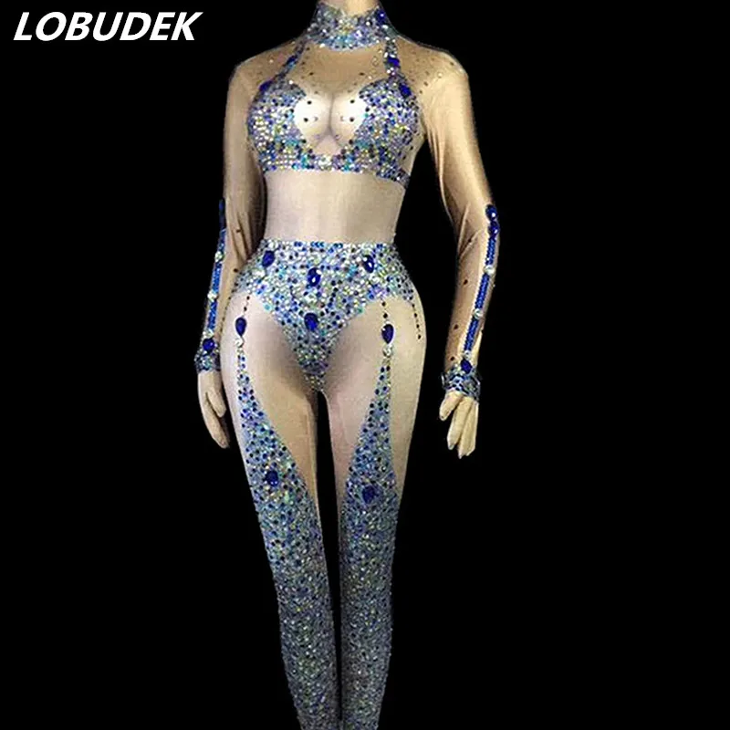 

Blue Rhinestones Fake Nude Spandex Elastic Jumpsuit Women Singer Dancer Stage Performance Sexy Nightclub Bar Dance Costume