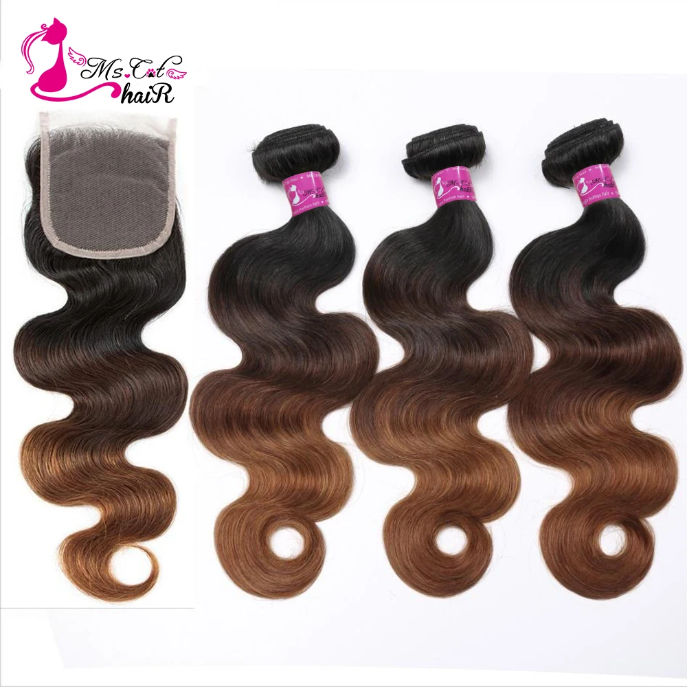 Ms Cat Hair Ombre Brazilian Body Wave Human Hair Bundles With Lace Closure 1B/4/30 Blonde Remy Human Hair Weave 3 Bundles With Closure