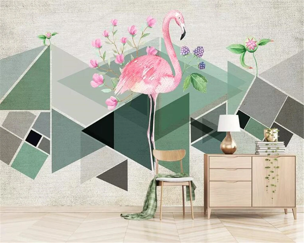 

beibehang 3d wallpaper geometric triangle color block flamingo tropical plant flower tv background wall wallpaper 3d tapety