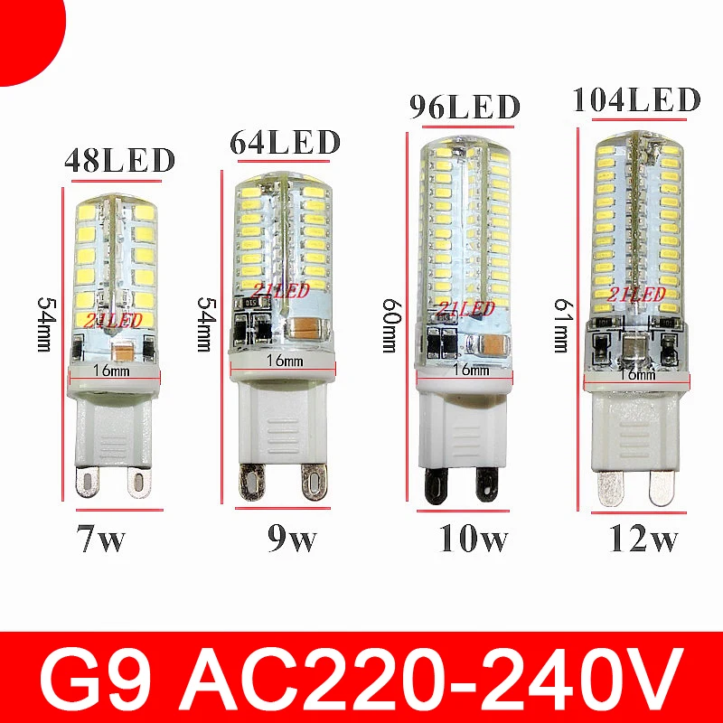 Mini G9 7W  9W  12W LED lamp 3014 SMD AC 110V 220V Sillcone body LED Corn Bulb 64LEDs 104LEDs Crystal Chandelier COB Spot light