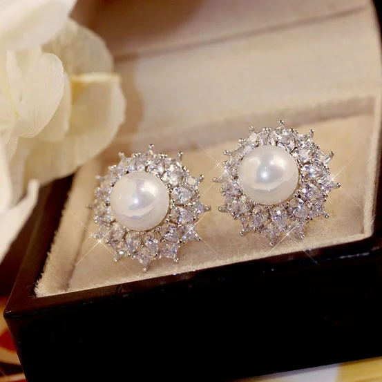 Luxury High Quality Lace Side Big flower Pearl Earrings with CZ stone  Women Bride Jewelry