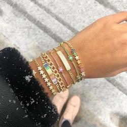 Gold Color Plated Rainbow Cz Flower Charm Bracelet Adjust Chain Delicate Stunning Minimal Cute Elegance Jewelry for Women