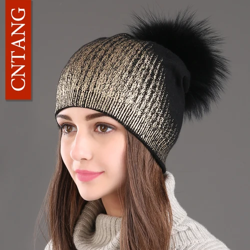 Gorros de invierno para mujer, gorros cálidos de lana tejidos, gorros de piel de mapache auténtica a la moda, gorros con estampado de piel, novedad de 2024