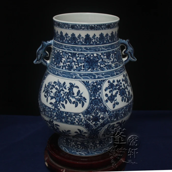 Jingdezhen ceramic vase ornaments hand-painted antique blue three high-grade celebrity figure Tan Fu ears cylinder