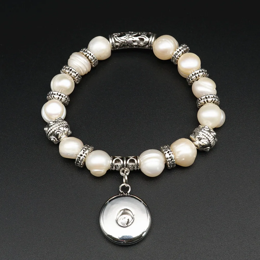 Fashion Charming Silverbeads Natural freshwater pearls snap bracelet elastic fit 18MM snap buttons jewelry wholesale AB0039