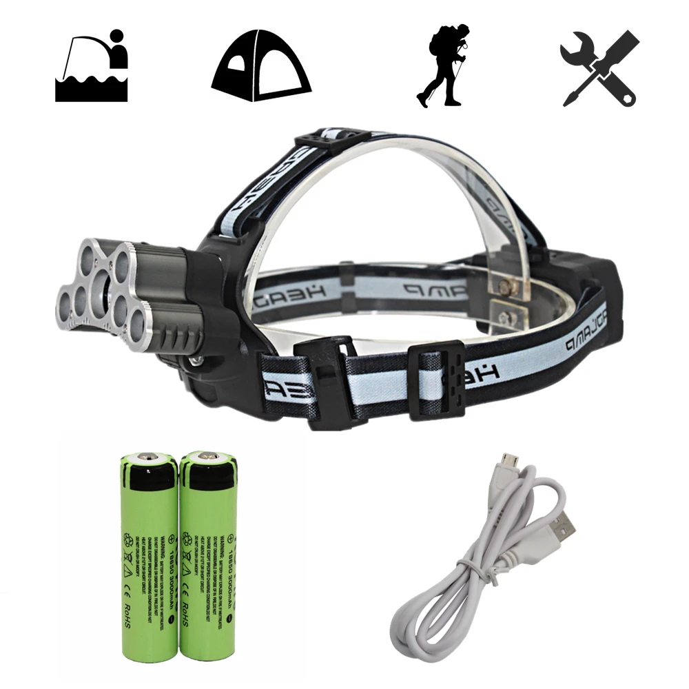 

Rechargeable Headlamp 9 LED Headlight 7xT6+2xQ5 Tactical Head Lamp Camping Flashlight Fishing Light