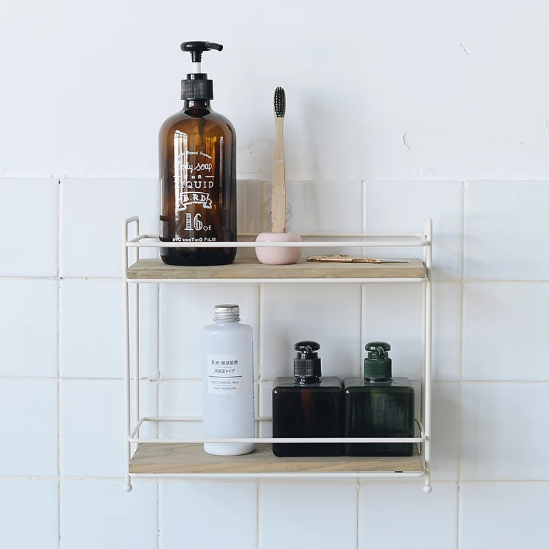 Simple wrought iron solid wood partition double shelf kitchen spice rack girl desktop debris two-tier storage rack 3