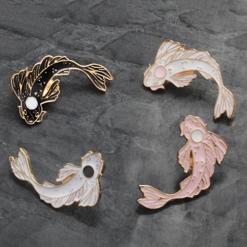 Black and white Koi Pin Japanese Koi Bring good luck Fish Enamel Lapel Pins Badges Animal Pins Brooches women Jewelry Party gift