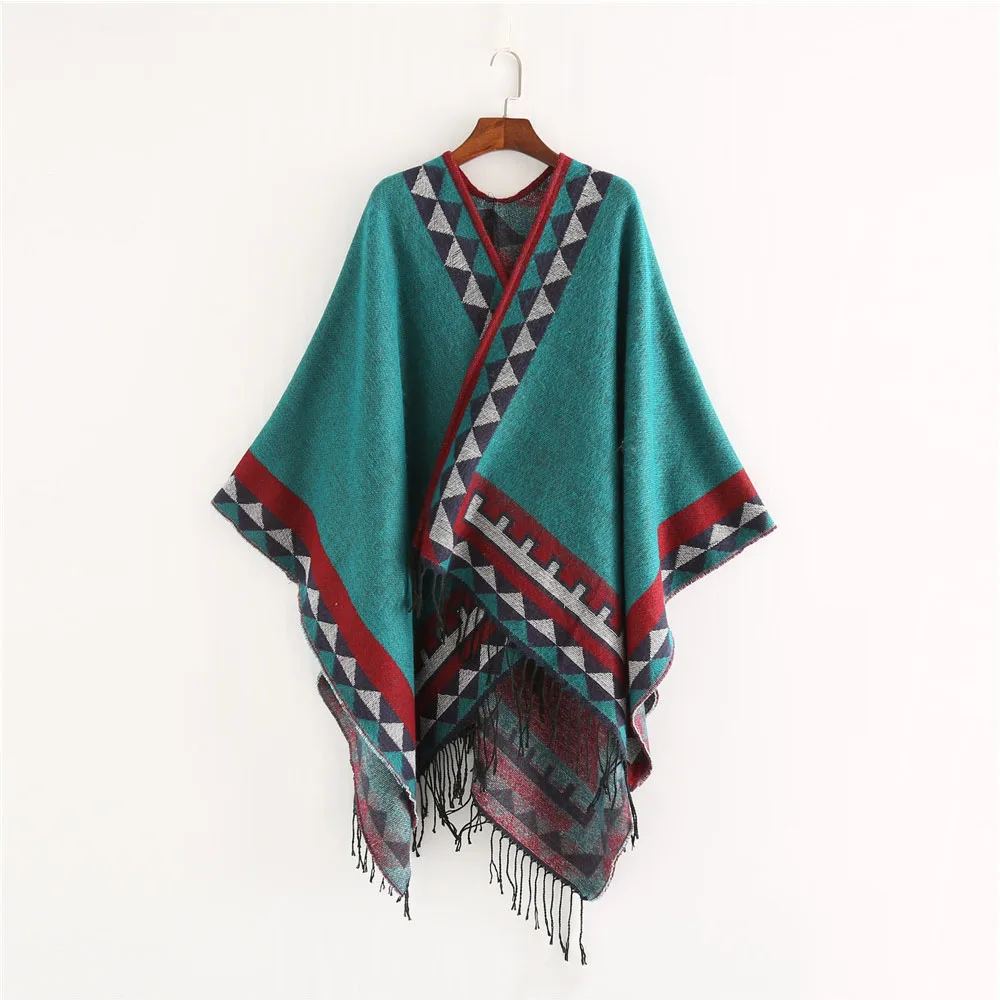 FS-Poncho de Pashmina con borlas geométricas para mujer, bufandas cálidas de estilo indio, abrigo de otoño e invierno