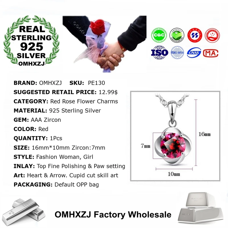 OMHXZJ Wholesale Fashion Sweet Rose Flower Woman Girl Gift Zircon 925 Sterling Silver Pendant Charms PE130 ( NO Chain Necklace )