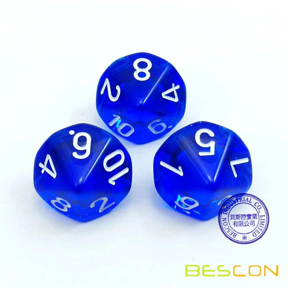 Bescon Polyhedral 10 Sides Dice with Number 1-10, Blue Transparent 10 Sided Dice, 10 Sides Cube 1-10, 10pcs Set