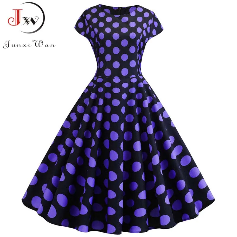 Summer Short Sleeve Polka Dot Dress Women Elegant Casual Print A-Line Vintage Big Swing Rockabilly Vestidos