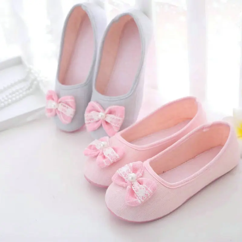 Lovely Bowtie Women Home Slippers For Indoor Bedroom House Soft Bottom Cotton Shoes Adult Guests Flat