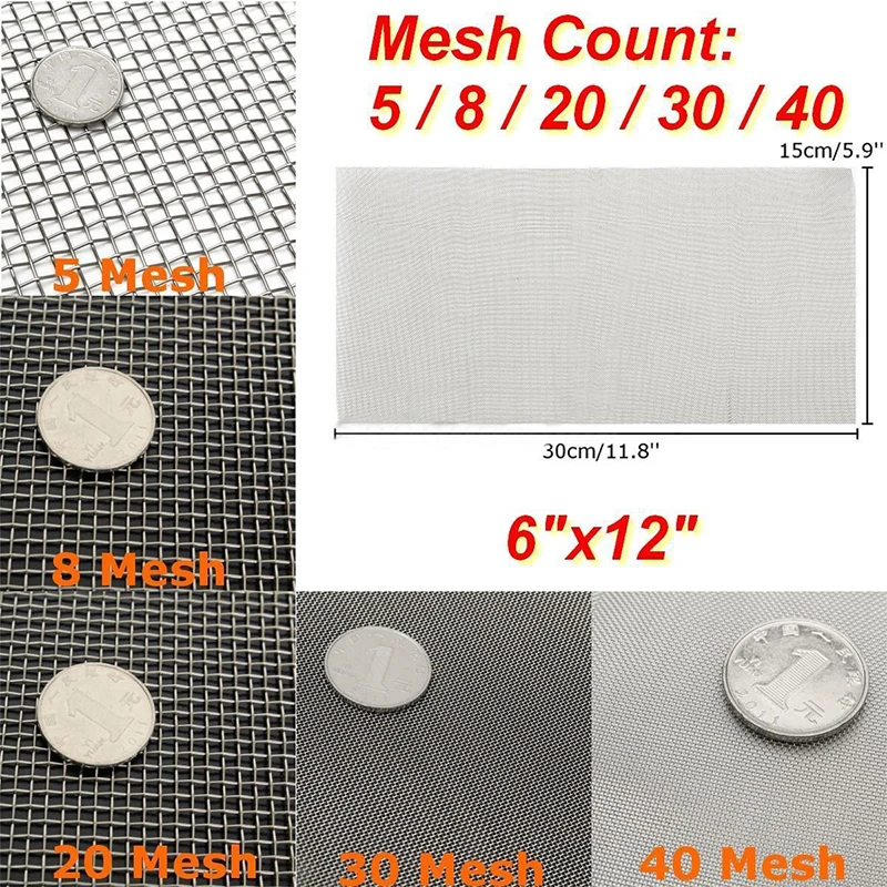 5/8/20/30/40 Mesh Stainless Steel Woven Cloth Screen Wire Filter Sheet 6x12\'\'