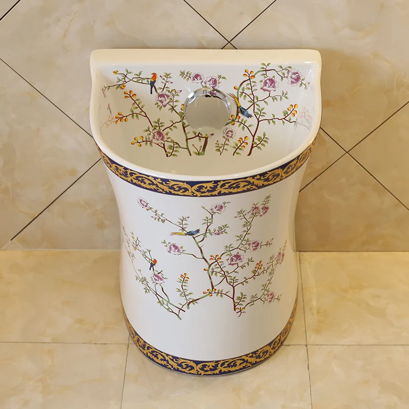 Jingdezhen Mop Pool Square Type Ceramic Automatic Water Washing Mop Pool Balcony Terrace Mop Basin sinks bathroom flower bird