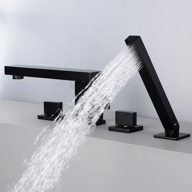 Matte Black brass square bathroom Bathtub faucet set Two handle Four holes mixer faucet High grade design Rotatable shower Tap