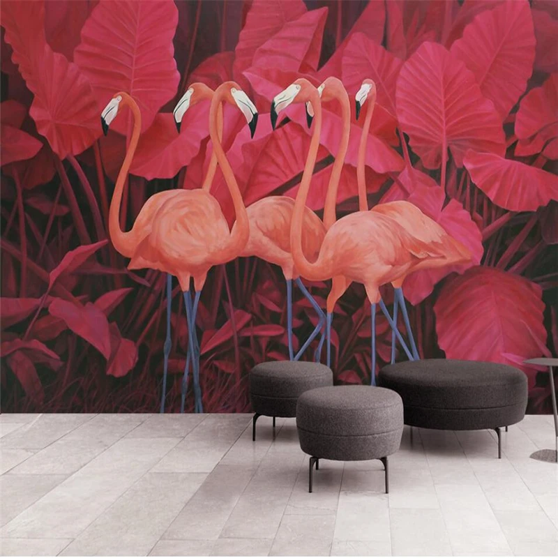 

beibehang Red tropical plants leaves flamingo background wall painting custom large mural green silk wallpaper papel de parede