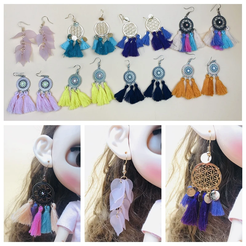 New Bohemia Style Earrings Fashion Tassels Ear rings Pink flowers ear Loops for dolls  ornaments for dolls