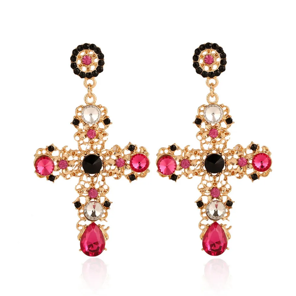 New Arrival Vintage Black Crystal Cross Drop Earrings Women Pink Baroque Bohemian Large Long Earrings Jewelry Brincos