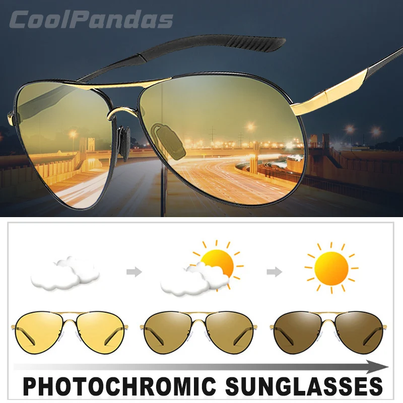 Unisex Aviation Driving Photochromic Sunglasses Women HD Polarized Yellow Lens Chameleon Sun glasses Men oculos Car Accessories