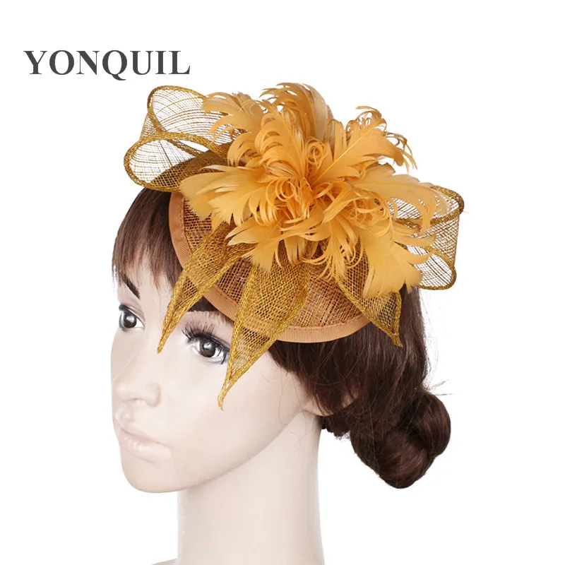 

Gold Sinamay Hats Feather Flower Fascinators Hair Pin for Women Party Hats Bridal Wedding Hair Accessories Cocktail Hats XMF392