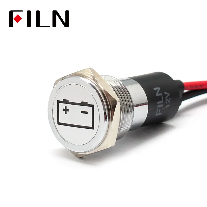 FILN 16mm Waterproof Lamp Silver shell  12V LED Car Boat Battery fault flag Dashboard Signal Lights Instrument Pilot light