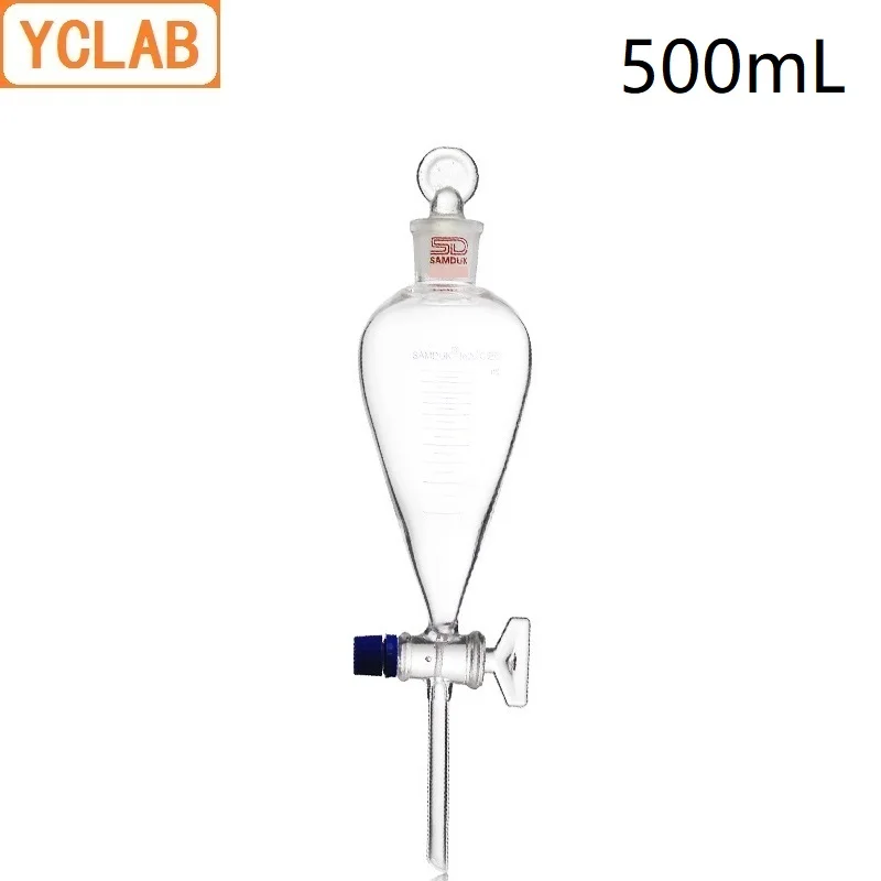 yclab 500 ml seperatory funil forma de pera com graduacao de equipamentos de laboratorio de quimica do solo na rolha de vidro e torneira 01