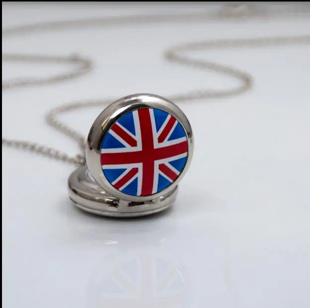 Wholesale silver Fashion quartz British flag design Enamel pocket watches birthday gift watches