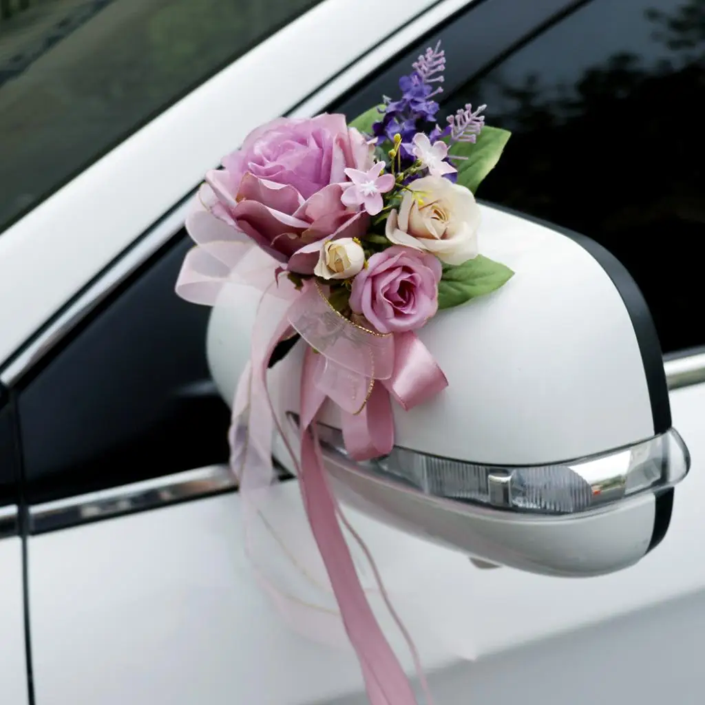 Artificial Silk Flower with Ribbon Wedding Car Chair Decorations Kits Prop Mirror Door Handles Ornaments