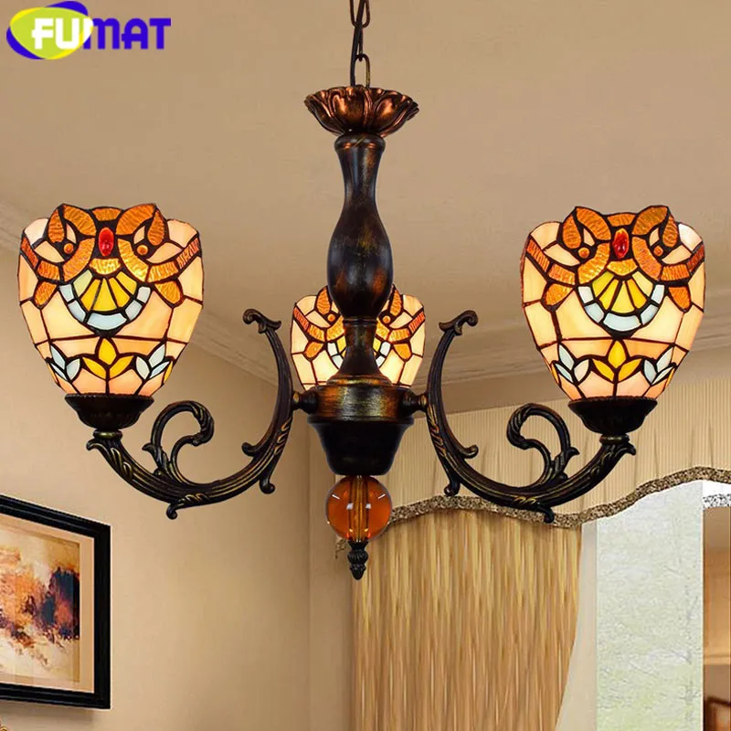 FUMAT Baroque chandelier lustre LED 3 Arms E27 LED Stained Glass Shade Lamps lustre pendant Hanging Lighting Fixture chandeliers