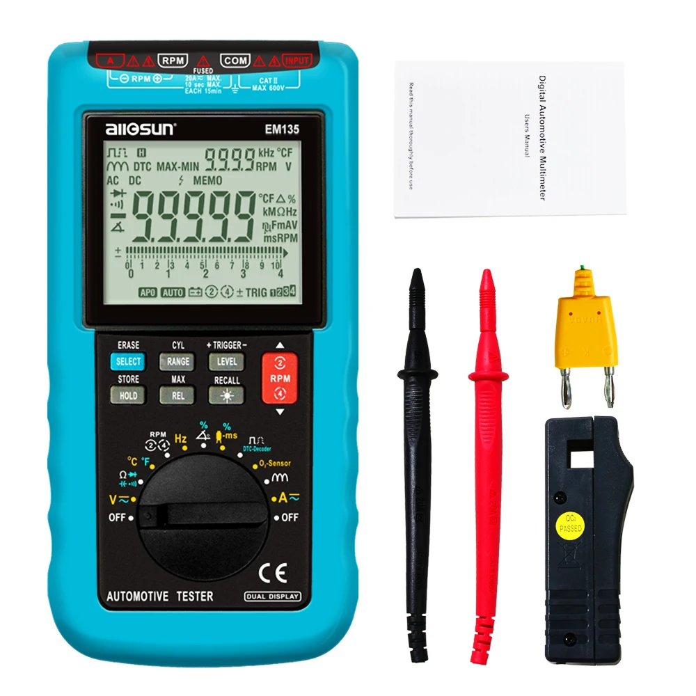 Modern Digital Automotive Multimeter 20A ACA/DCA LCD Autorange Vechile Tester O2-sensor Temp.RPM Dwell Angle All-sun EM135